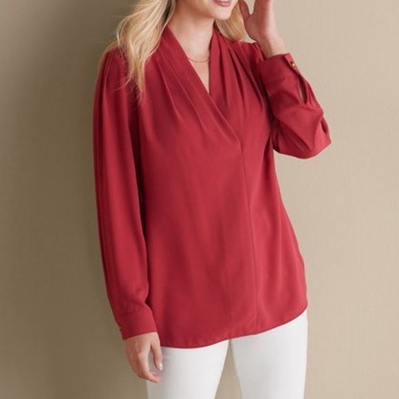 Soft Surroundings | New Garnet Red Akira Pleated V-Neck Blouse, Medium - Picture 2 of 8